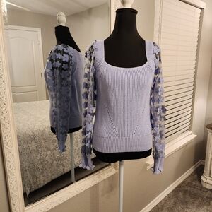 Lilac Sweater with Floral Mesh Sleeves